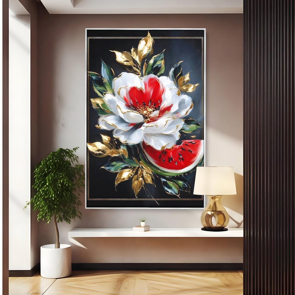 Tablou canvas cu tablou canvas cu floare si pepene, in rama de aluminiu argintiu
